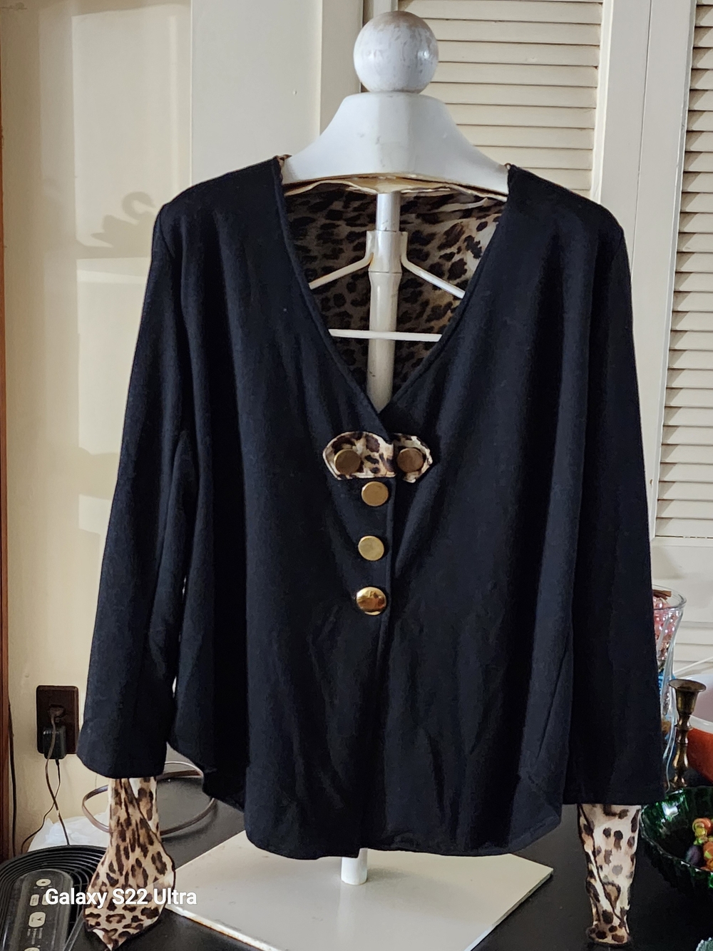 Dodo Bar Or Black V-Neck Top with Leopard Trim and Gold Buttons